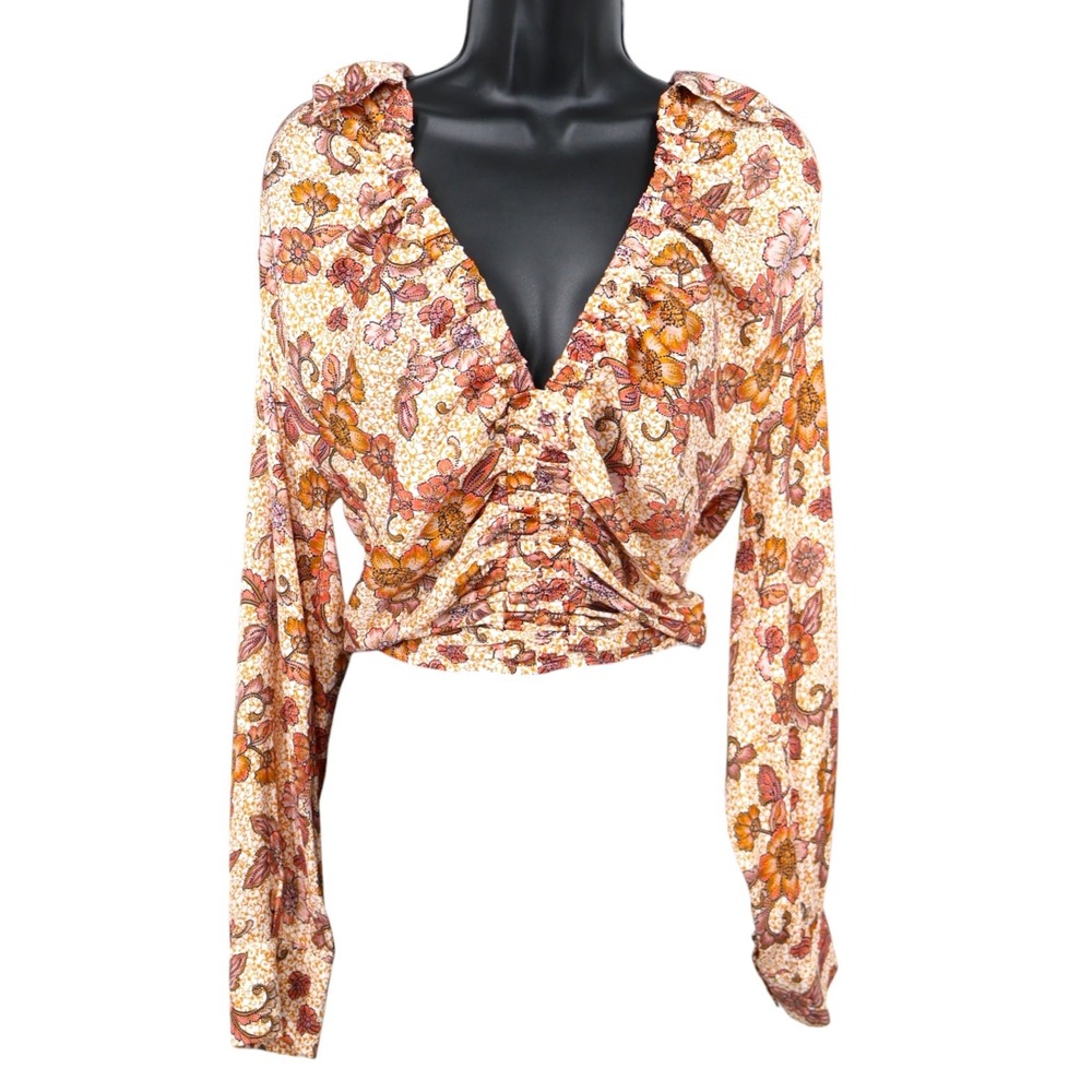 Free People Floral‎ Ruched Crop Top Long Sleeve Romantic Boho Size L